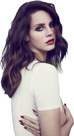 Elegant Woman White Top Red Lipstick PNG Image