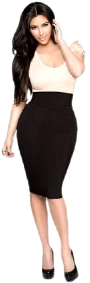 Elegant Womanin Black Skirtand Beige Top PNG Image