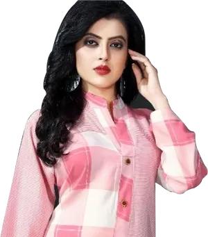 Elegant Womanin Pink Plaid Kurti PNG Image