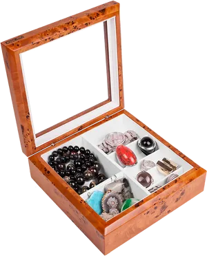 Elegant Wooden Jewelry Boxwith Mirror PNG Image