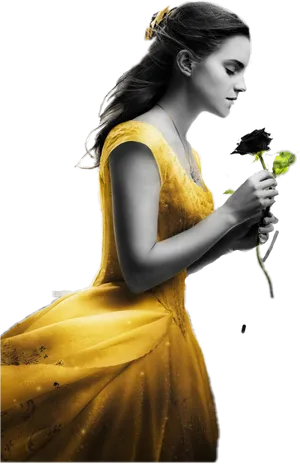 Elegant Yellow Dressand Rose PNG Image