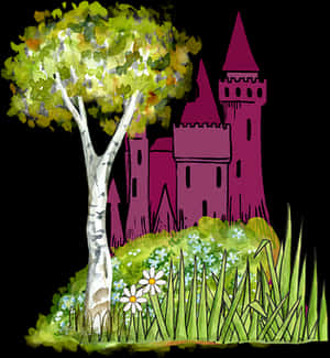 Enchanted_ Castle_ Behind_ Tree PNG image with transparent background