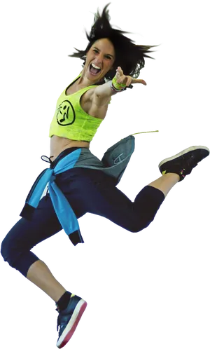 Energetic Zumba Instructor Jumping PNG Image