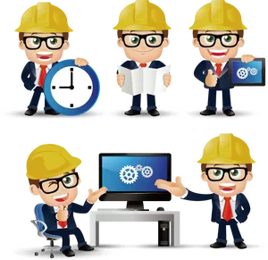 Engineer Cartoon Characters Various Poses.png PNG Image