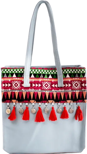 Ethnic Embroidered Silver Tote Bag PNG Image