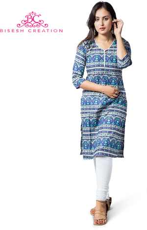 Ethnic Print Kurti White Leggings Fashion PNG Image