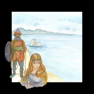 Fantasy Princessand Warriorby Sea PNG image with transparent background
