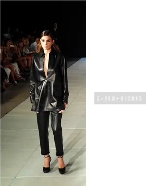 Fashion Runway Modelin Black Leather Outfit PNG Image