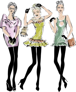 Fashion Sketch_ Trio Of Models PNG Image