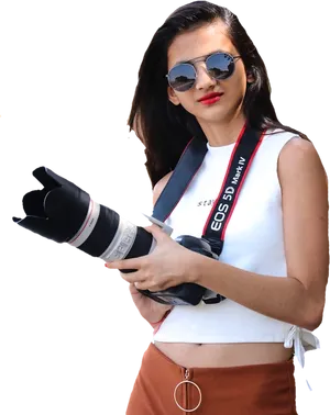 Fashionable Female Photographerwith Camera PNG Image