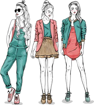 Fashionable_ Illustrated_ Women_ Posers PNG Image