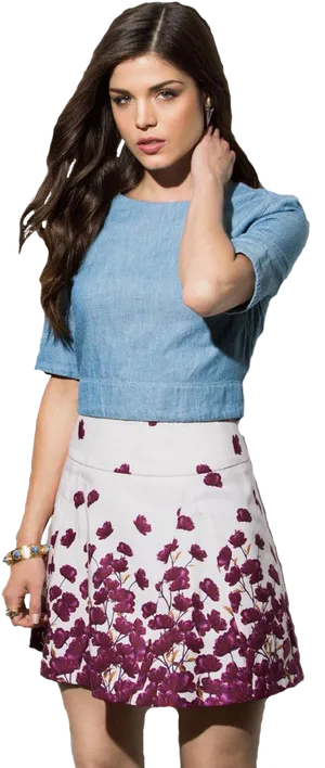 Fashionable Womanin Blue Topand Floral Skirt PNG Image