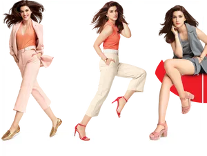 Fashionable Women Triple Pose Footwear Showcase.jpg PNG Image