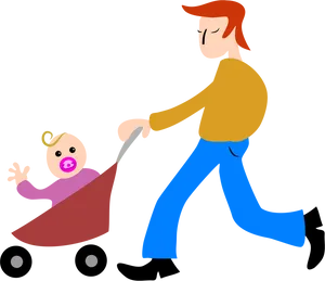 Father Pushing Baby Stroller PNG Image