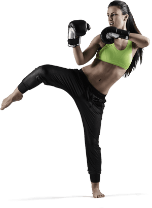 Female Kickboxer Performing High Kick PNG with transparent background