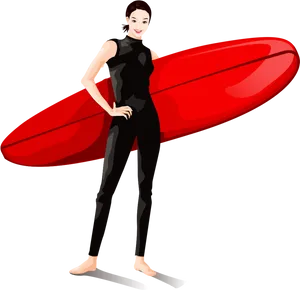 Female Surfer With Red Board PNG Image