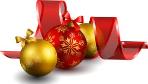 Festive Christmas Ballswith Red Ribbon PNG Image