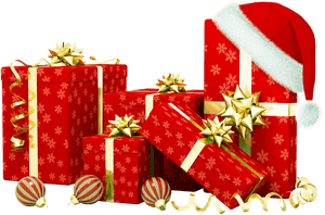 Festive Christmas Giftsand Santa Hat PNG image with transparent background