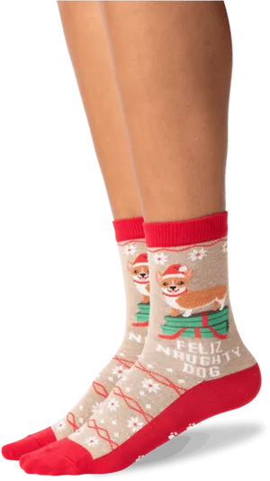 Festive Naughty Dog Socks PNG Image