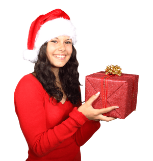 Festive Woman Holding Christmas Gift PNG image with transparent background