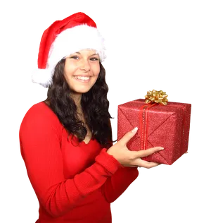 Festive Woman Holding Christmas Gift PNG Image