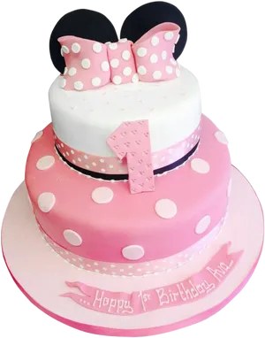 First Birthday Pink Cakewith Polka Dotsand Bow PNG Image