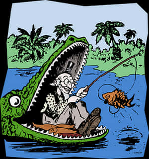Fishing Inside Alligator Cartoon PNG image with transparent background