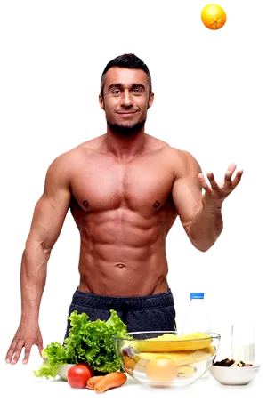 Fit Man Balancing Orange Fruit PNG Image