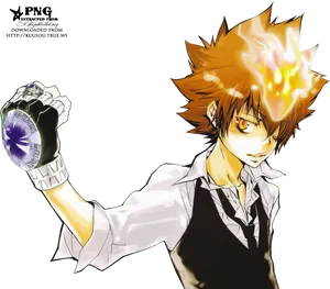 Flaming Hair Anime Character With Watch PNG Image