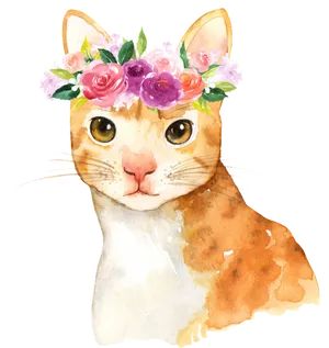 Floral Crowned Cat Watercolor PNG Image