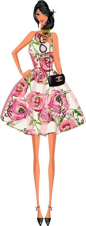 Floral Dress Fashion Model Illustration PNG Image