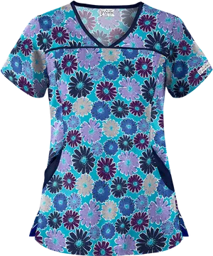 Floral Print Blue Nurse Scrub Top PNG Image