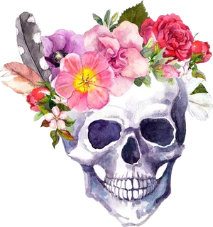 Floral Skull Watercolor Art PNG Image