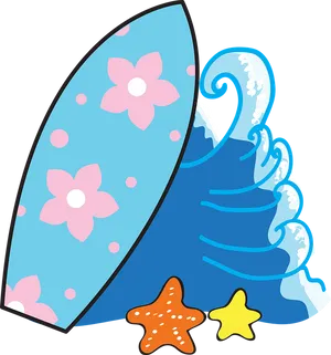 Floral Surfboardand Waves PNG Image