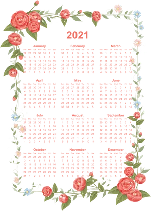 Floral2021 Yearly Calendar Design PNG Image