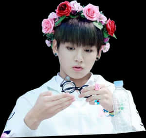 Flower Crowned Individualwith Bottleand Glasses PNG image with transparent background