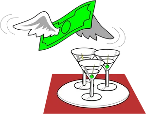 Flying Money Over Martini Glasses PNG Image