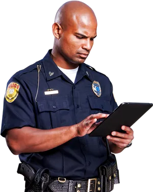 Focused Police Officer Using Tablet PNG Image