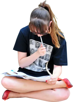 Focused Student Studying Outdoors PNG Image