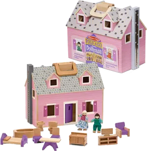 Foldable Pink Dollhousewith Furnitureand Figures PNG Image