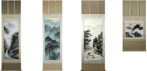 Four Panel Asian Landscape Art PNG Image