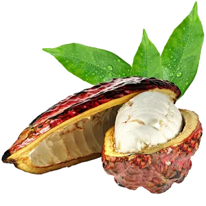 Fresh Cacao Pod With Leaves PNG Image