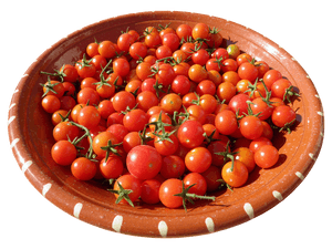 Fresh Cherry Tomatoesin Clay Bowl PNG image with transparent background