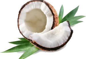 Fresh Coconut Halfwith Green Leaves PNG Image