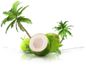 Fresh Coconutwith Palm Trees PNG Image