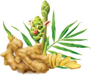 Fresh Ginger Rootand Plant Illustration PNG Image