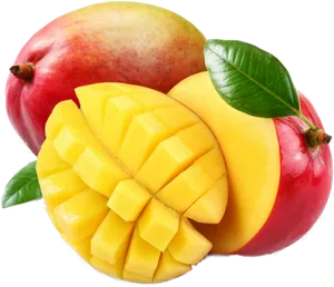 Fresh Mangoand Cut Piecewith Leaves PNG Image