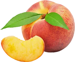 Fresh Peach With Sliceand Leaf.png PNG Image