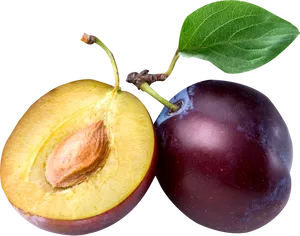 Fresh Plumand Halfwith Seedand Leaf PNG Image