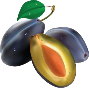 Fresh Plums With One Halved PNG Image